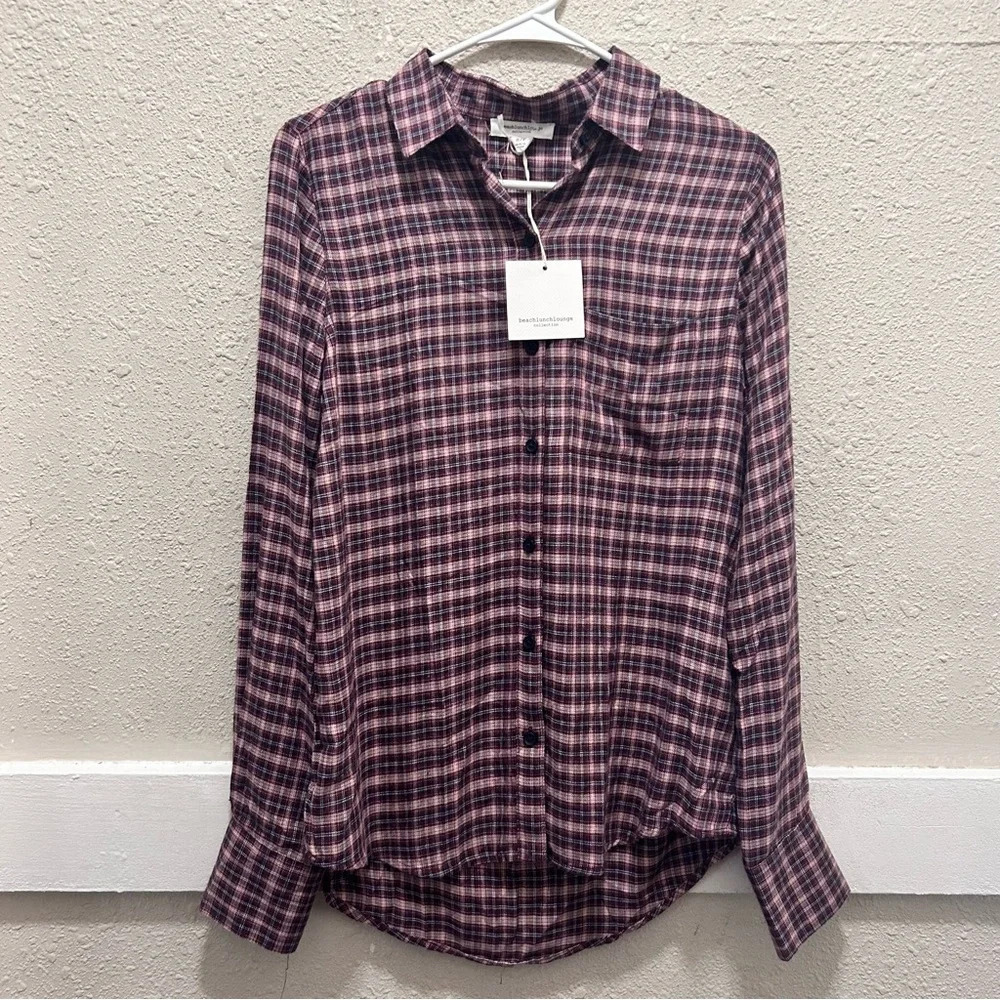 Beachlunchlounge Collection Whitney Plaid Button Front Top Red Pear NWT S